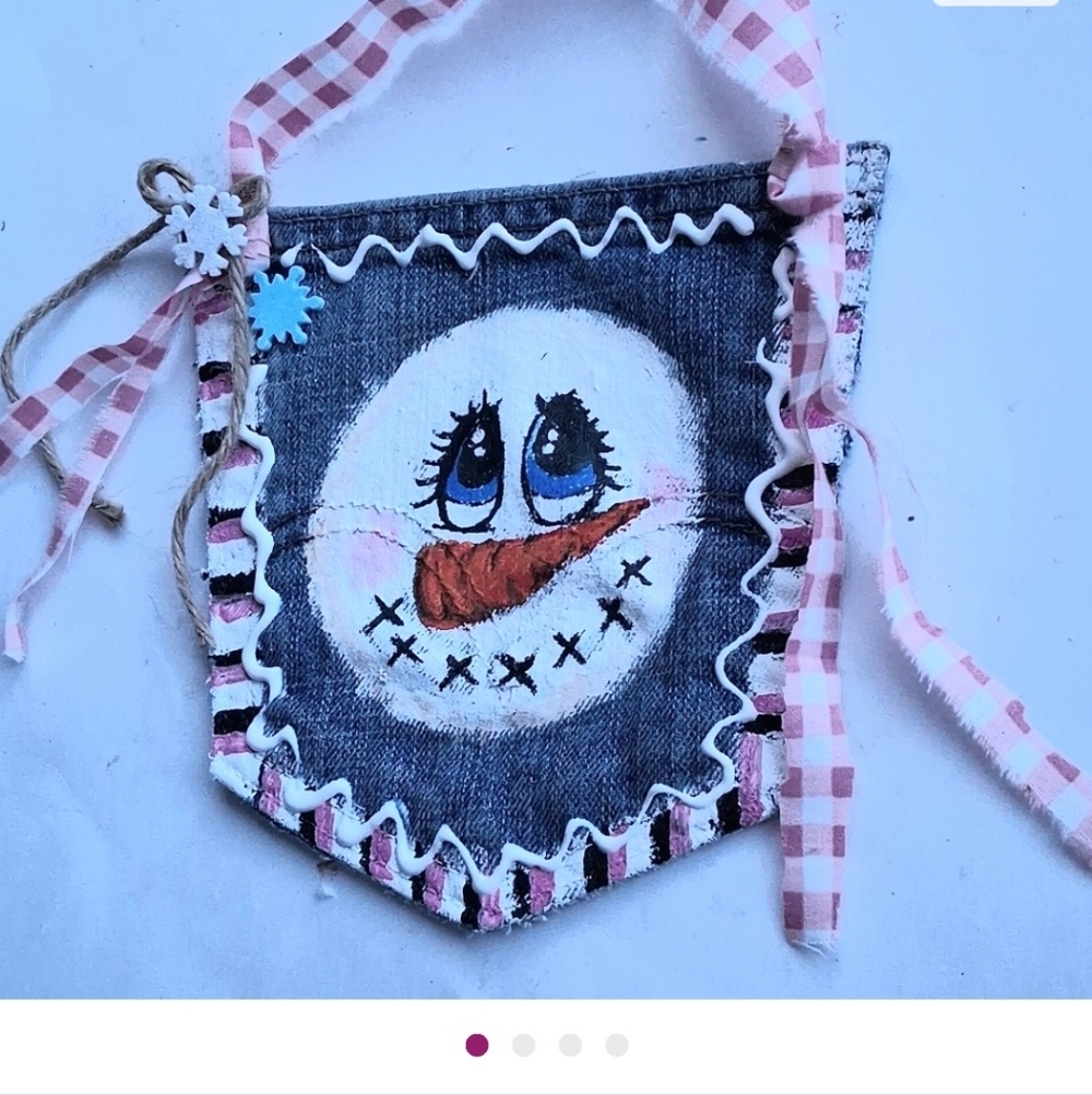 Snowman Hand Painted Jean Pocket Country Farmhouse Wall Decor